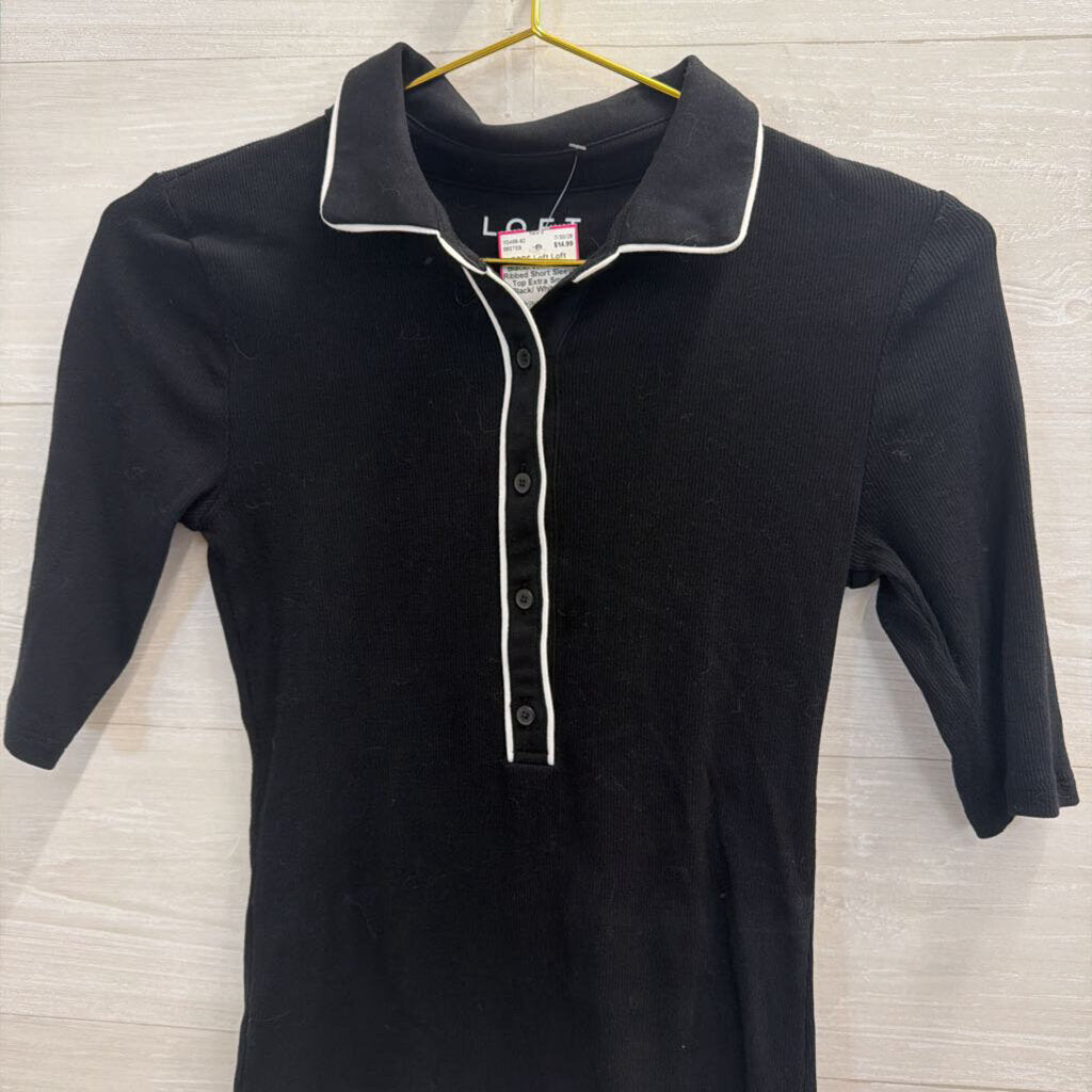 Loft Black/ White Trim Ribbed Short Sleeve Top Extra Small