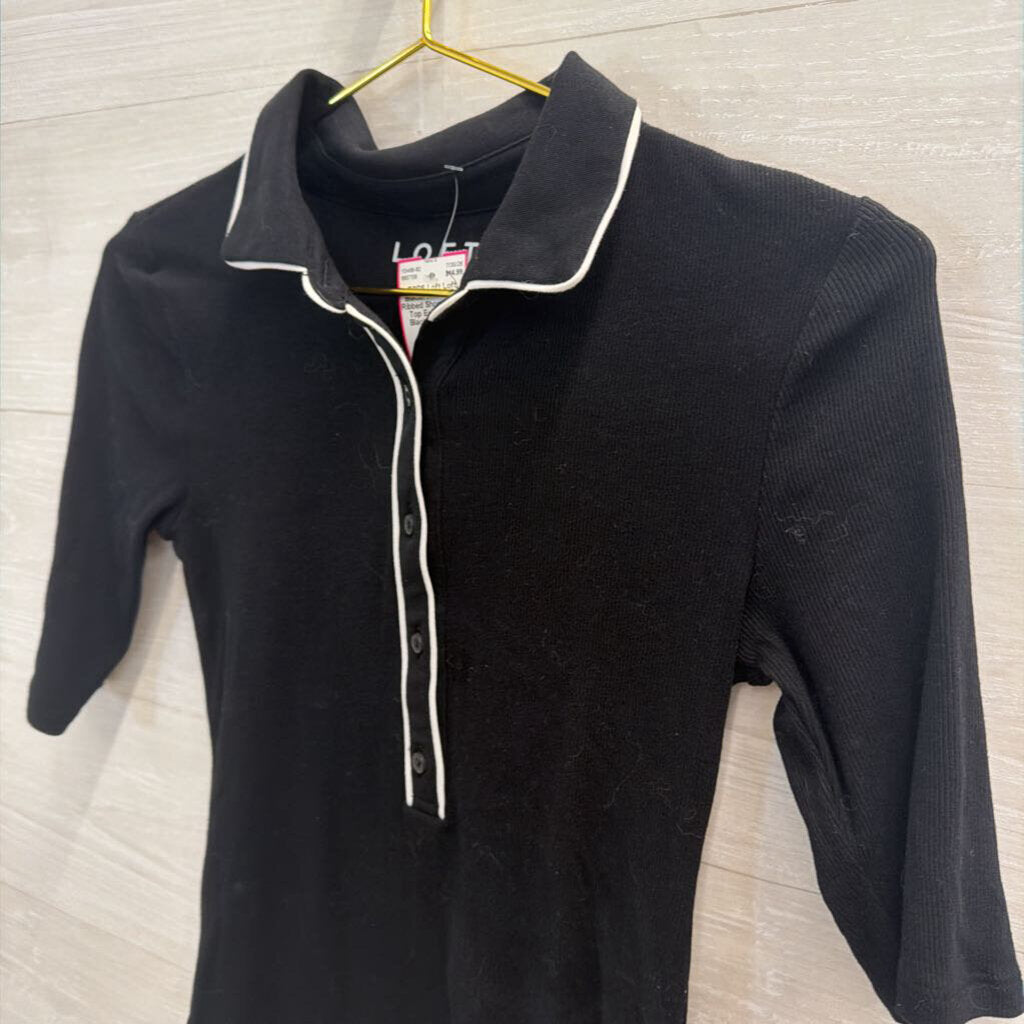 Loft Black/ White Trim Ribbed Short Sleeve Top Extra Small