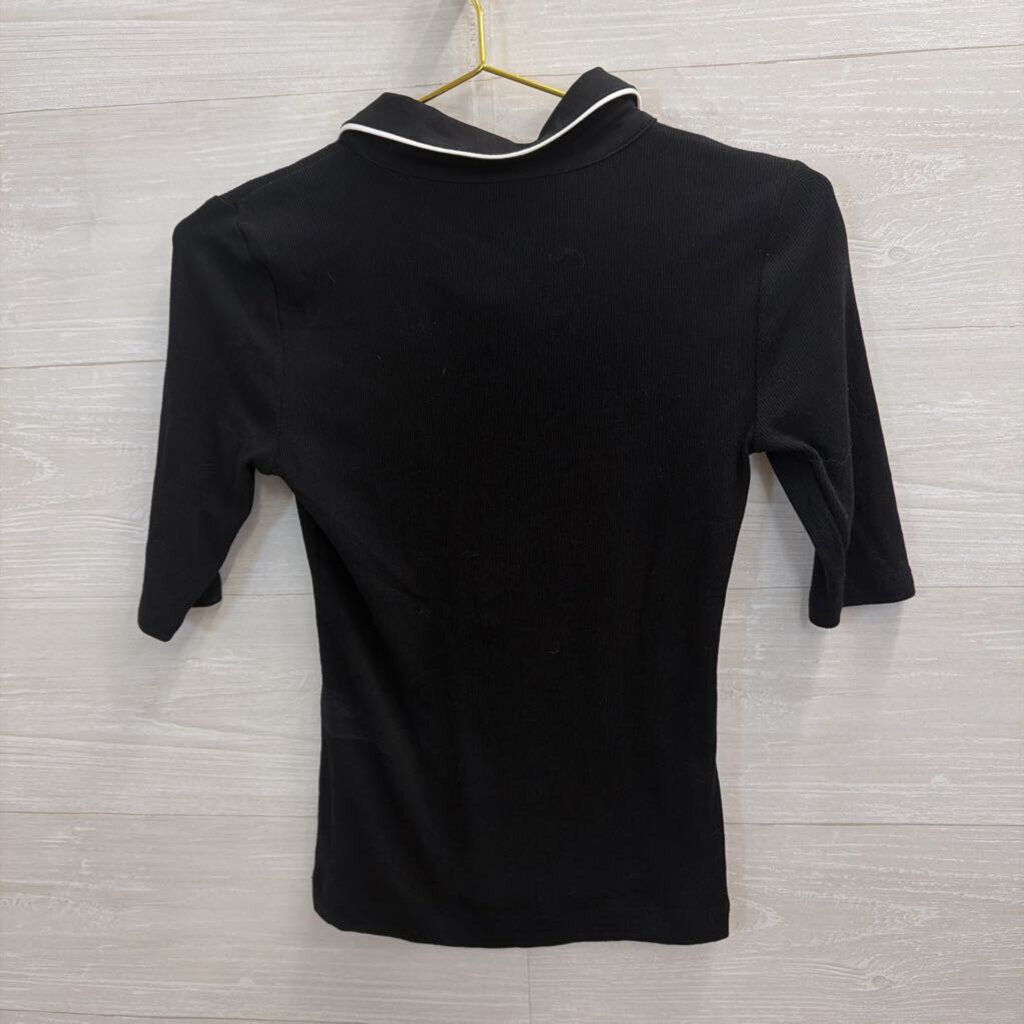 Loft Black/ White Trim Ribbed Short Sleeve Top Extra Small