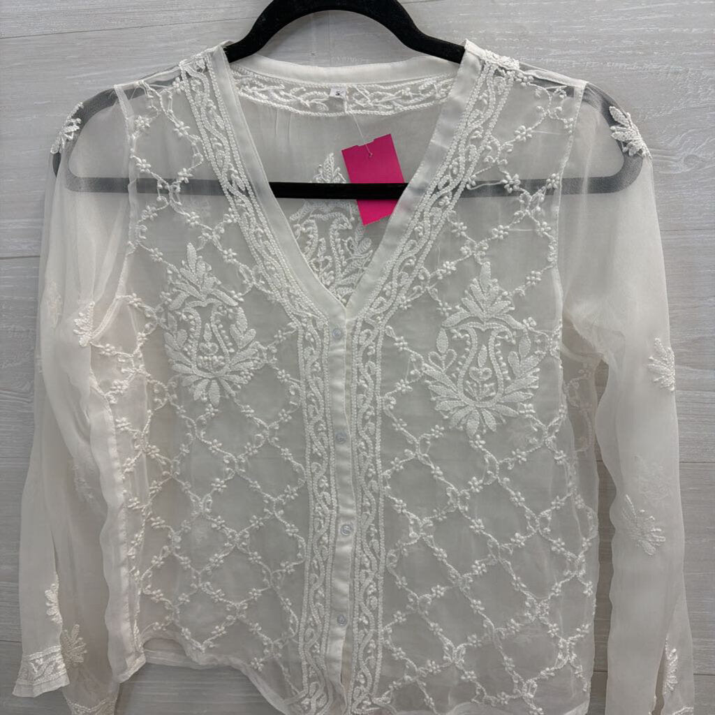 White Sheer Embroidered Long Sleeve Tie Front Top Small