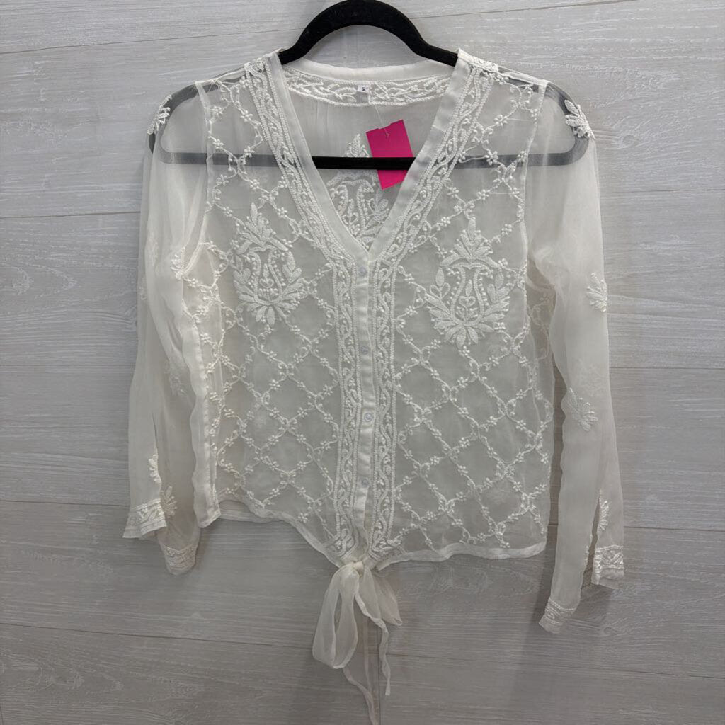 White Sheer Embroidered Long Sleeve Tie Front Top Small