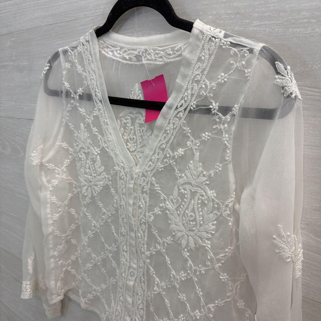 White Sheer Embroidered Long Sleeve Tie Front Top Small