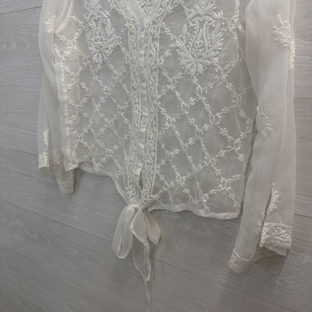 White Sheer Embroidered Long Sleeve Tie Front Top Small