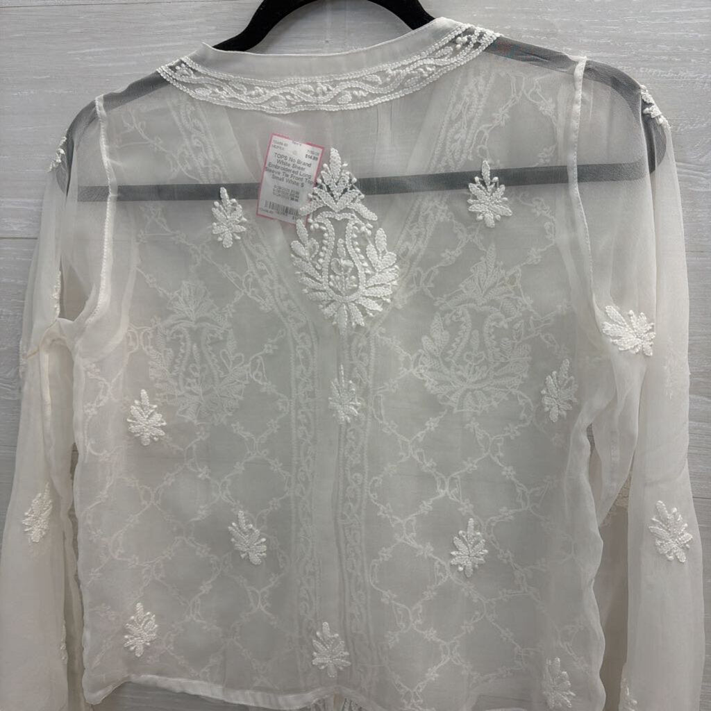 White Sheer Embroidered Long Sleeve Tie Front Top Small