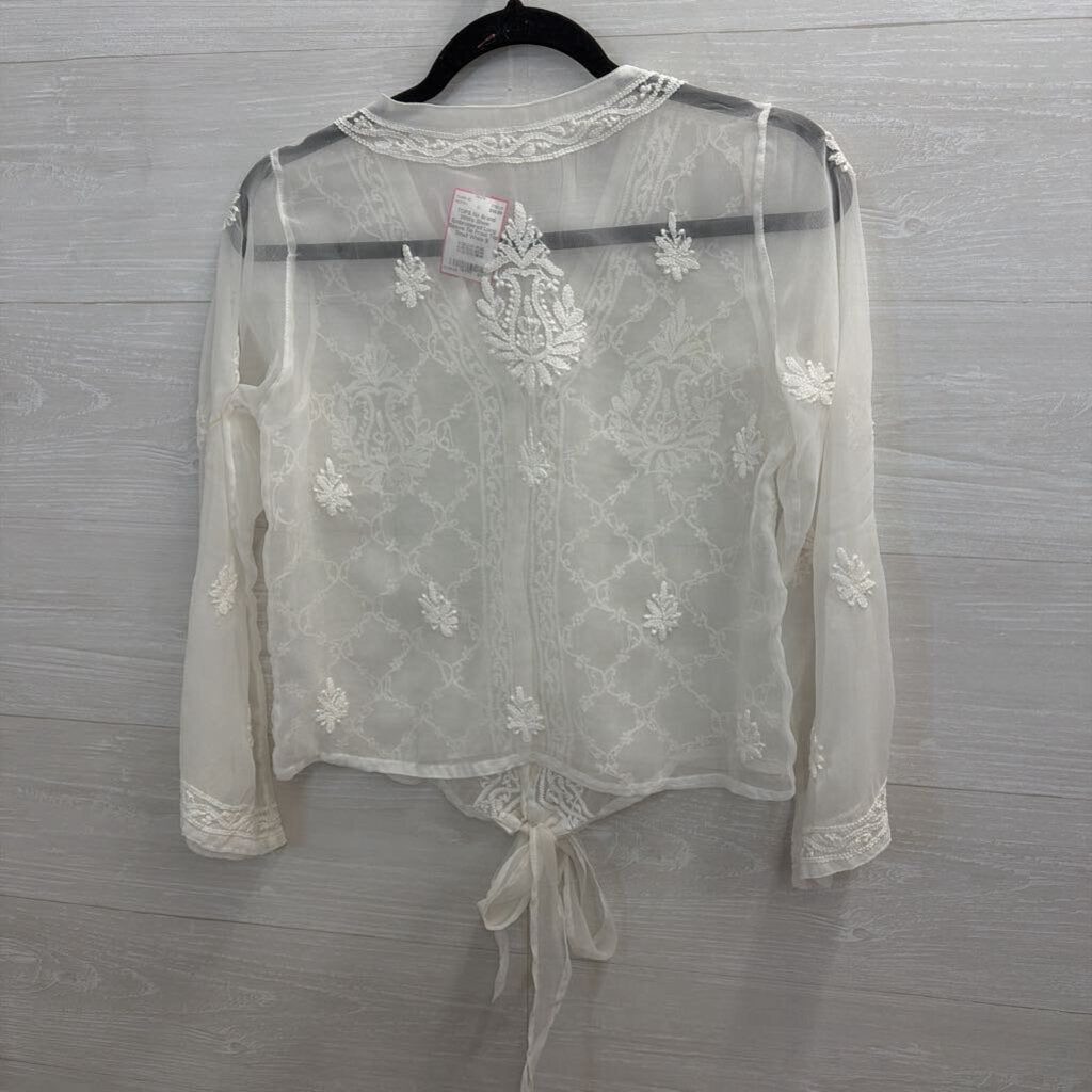White Sheer Embroidered Long Sleeve Tie Front Top Small