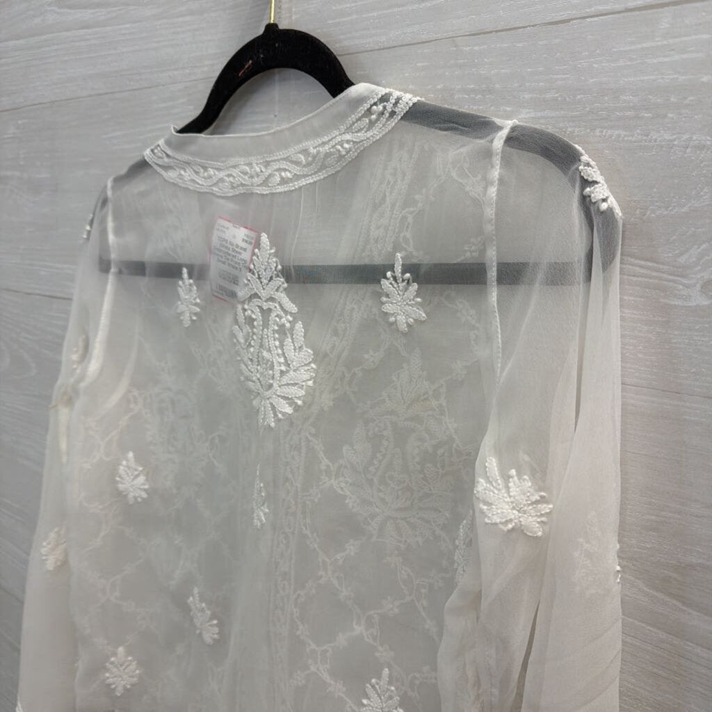 White Sheer Embroidered Long Sleeve Tie Front Top Small