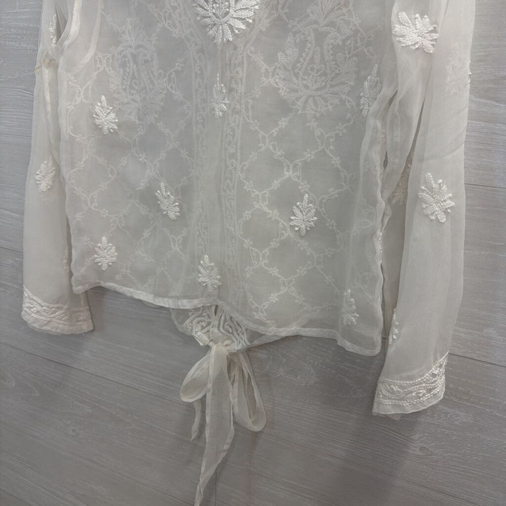 White Sheer Embroidered Long Sleeve Tie Front Top Small