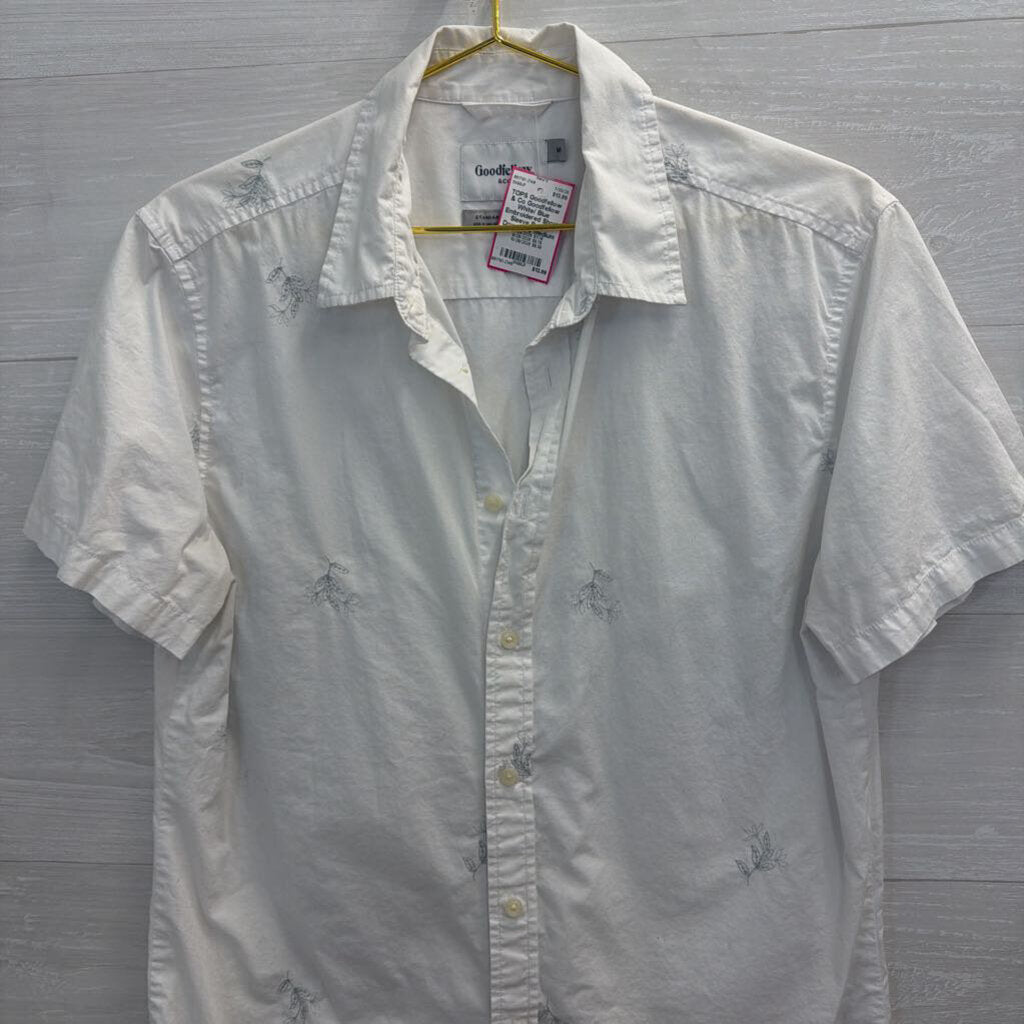 Goodfellow White/ Blue Embroidered Short Sleeve Button Down Top Medium