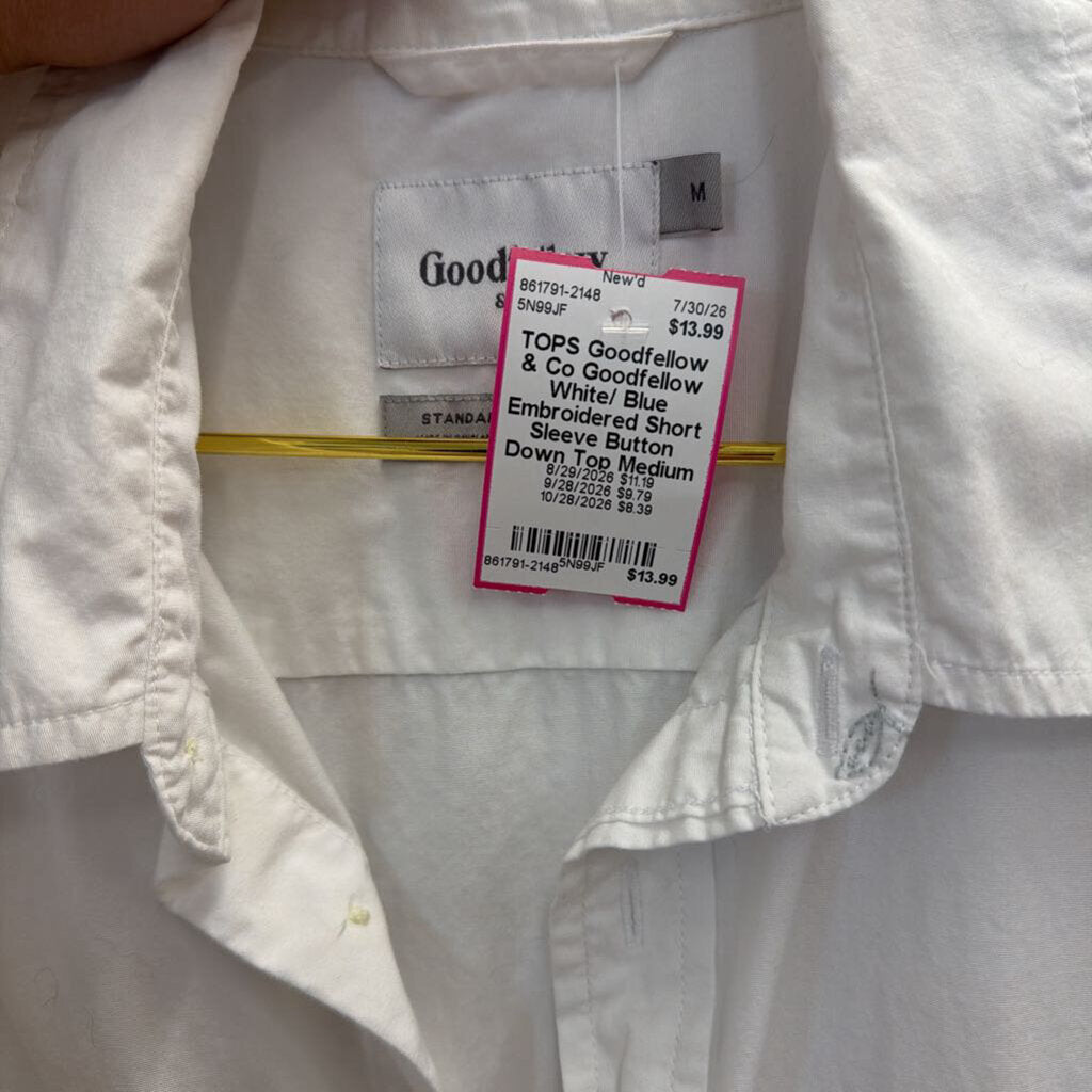 Goodfellow White/ Blue Embroidered Short Sleeve Button Down Top Medium