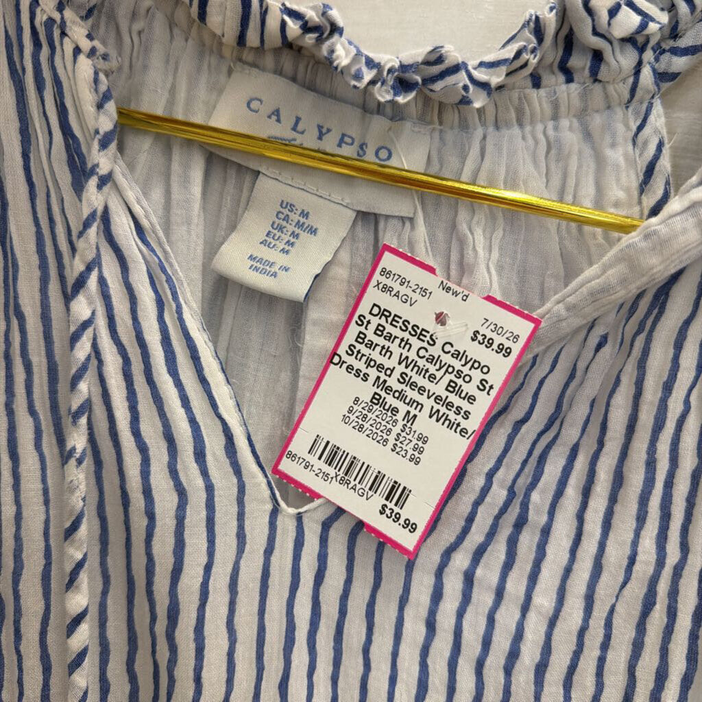 Calypso St Barth White/ Blue Striped Sleeveless Dress Medium