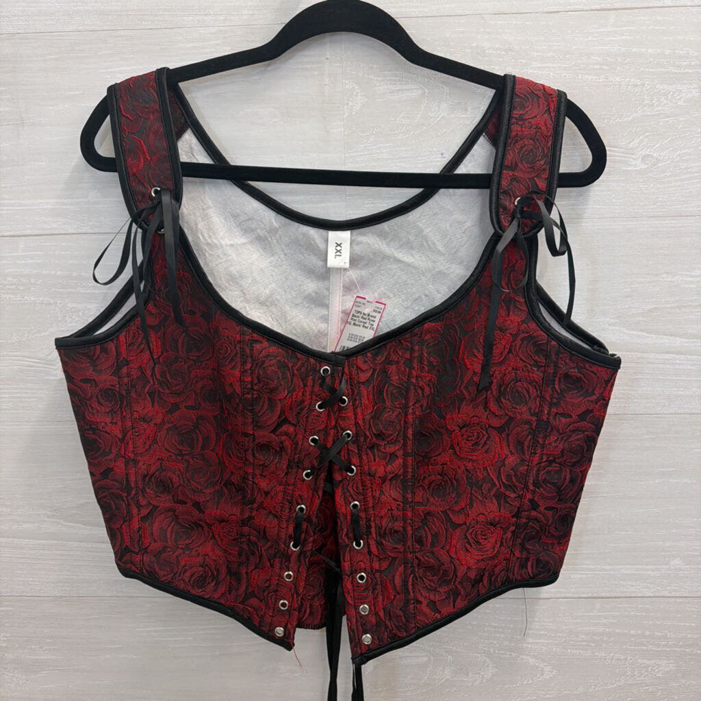 Black/ Red Rose Print Corset Top XXL