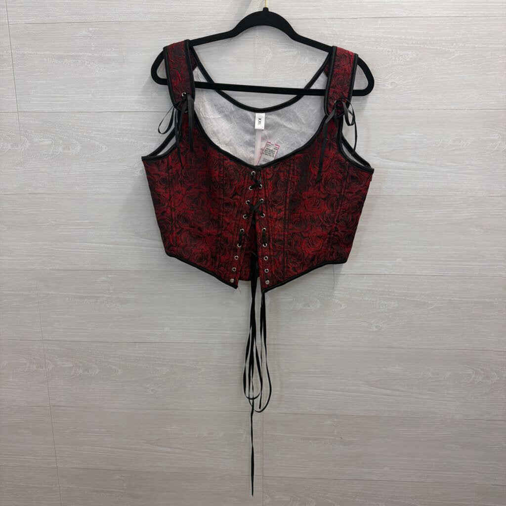 Black/ Red Rose Print Corset Top XXL