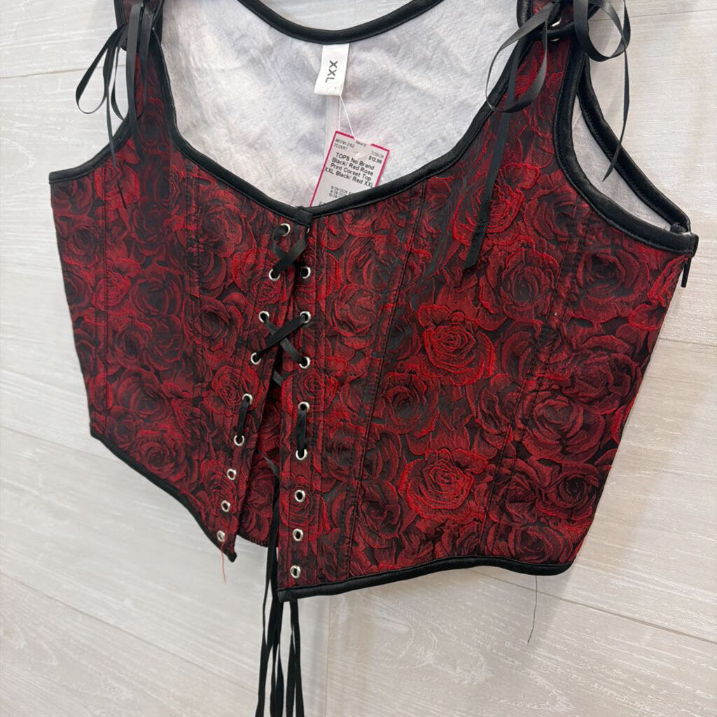 Black/ Red Rose Print Corset Top XXL