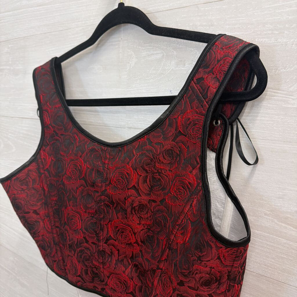 Black/ Red Rose Print Corset Top XXL