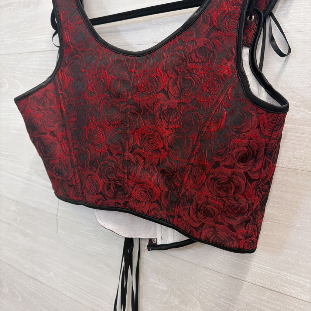 Black/ Red Rose Print Corset Top XXL