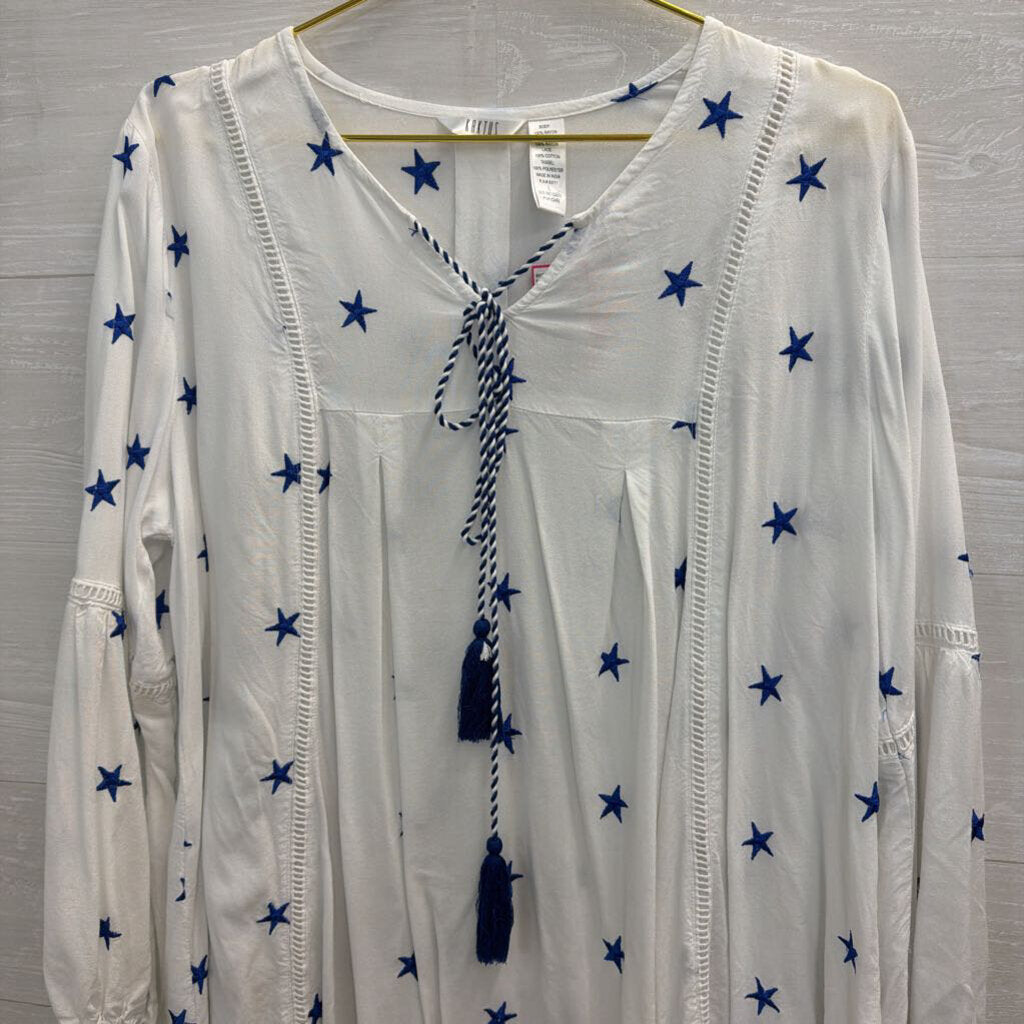 Kaktus White/ Blue Embroidered Star Long Sleeve Top Large