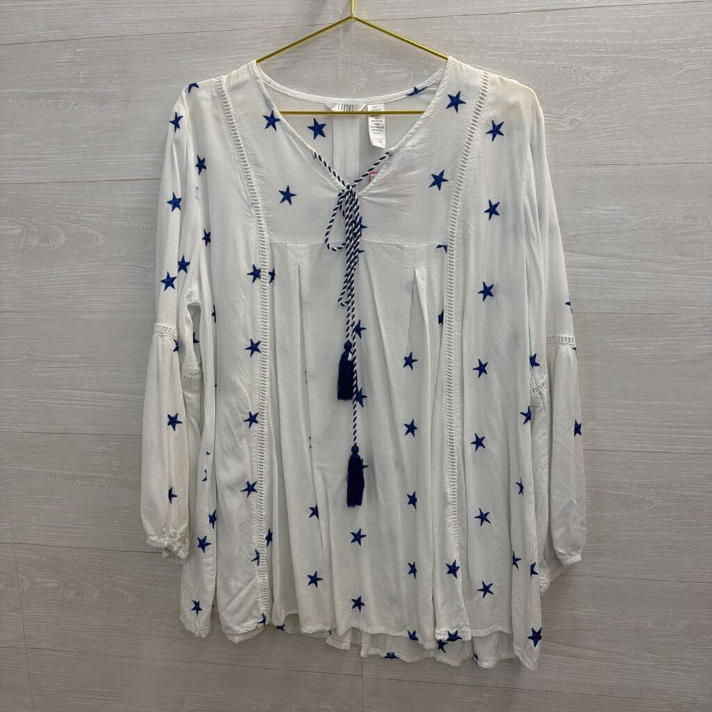 Kaktus White/ Blue Embroidered Star Long Sleeve Top Large