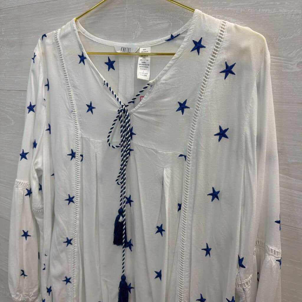 Kaktus White/ Blue Embroidered Star Long Sleeve Top Large