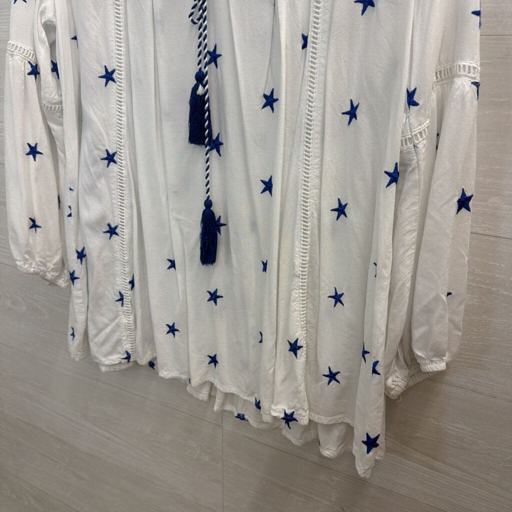 Kaktus White/ Blue Embroidered Star Long Sleeve Top Large