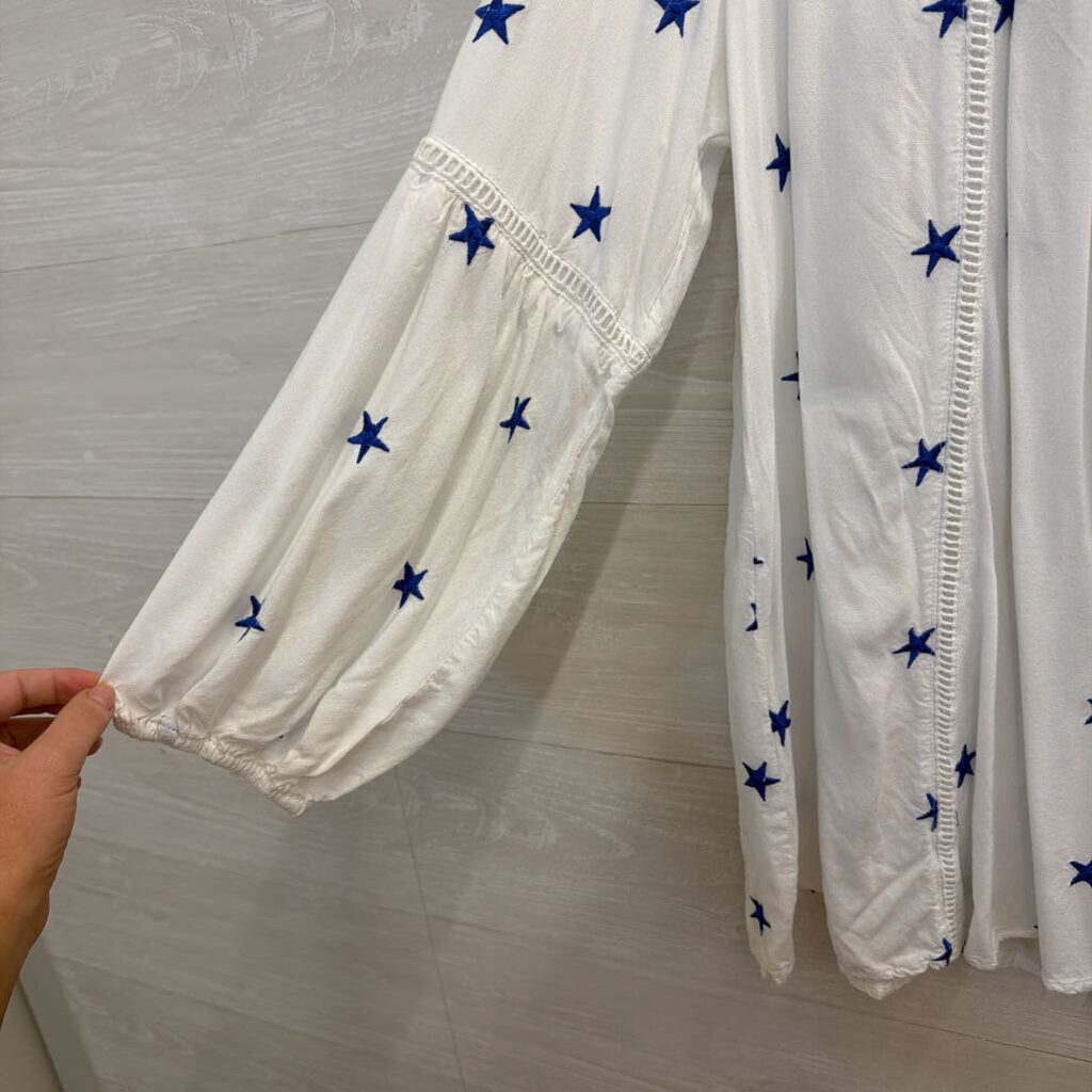 Kaktus White/ Blue Embroidered Star Long Sleeve Top Large