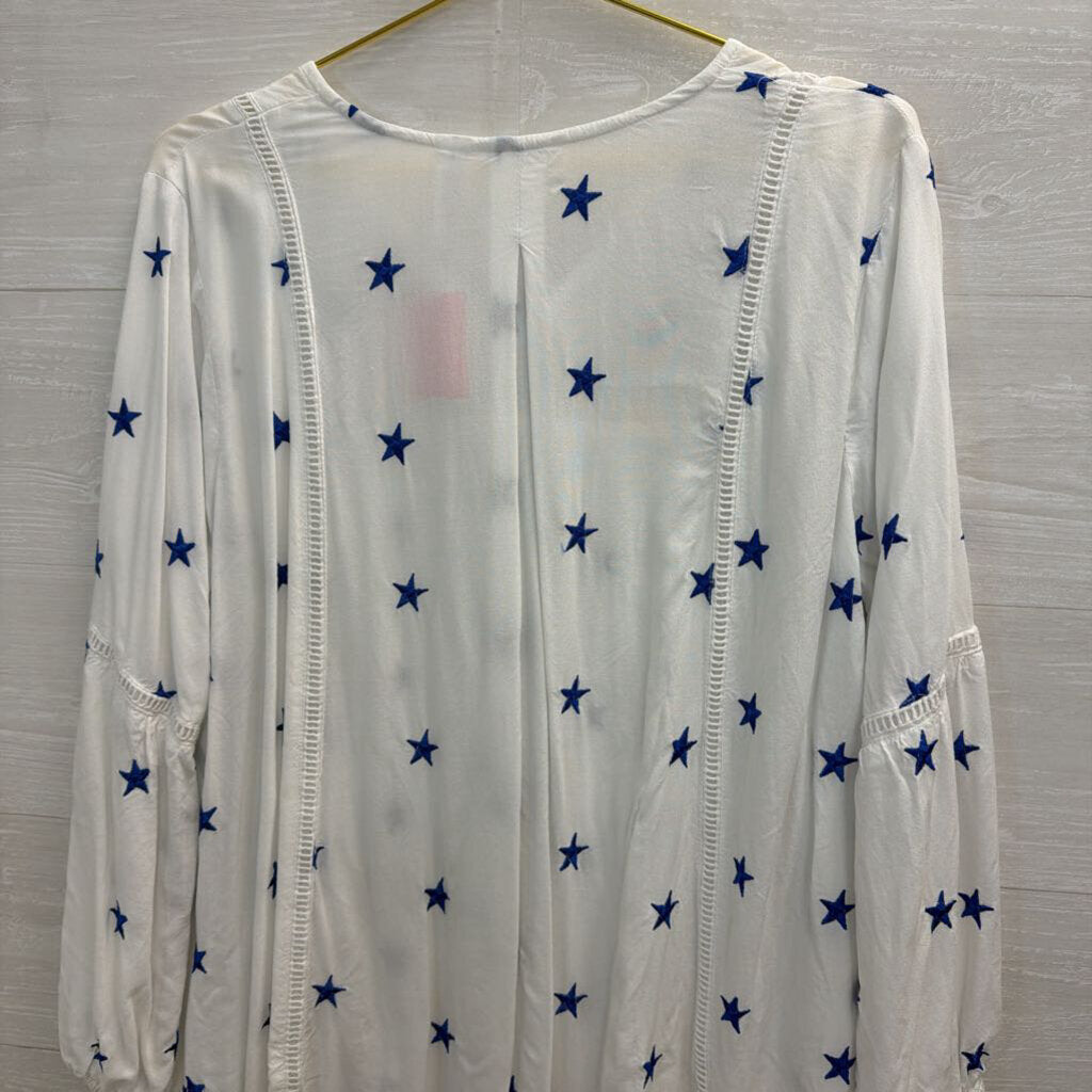 Kaktus White/ Blue Embroidered Star Long Sleeve Top Large