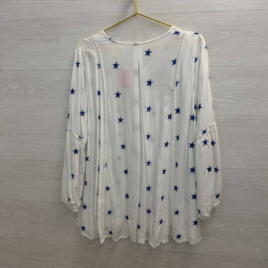 Kaktus White/ Blue Embroidered Star Long Sleeve Top Large
