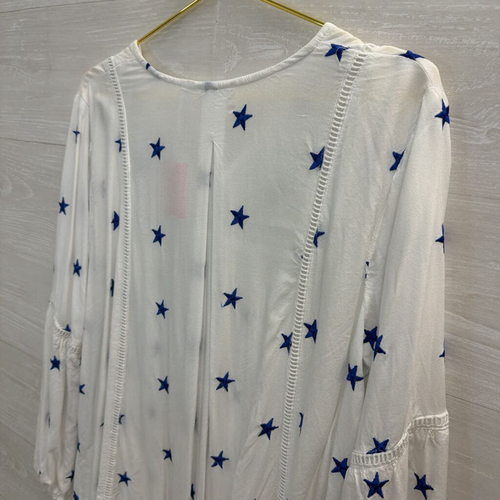 Kaktus White/ Blue Embroidered Star Long Sleeve Top Large