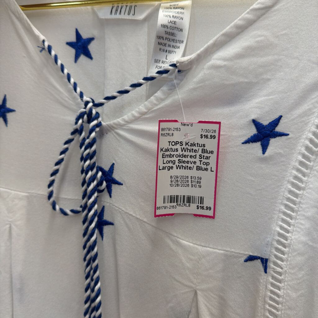 Kaktus White/ Blue Embroidered Star Long Sleeve Top Large