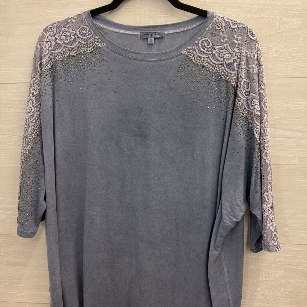 Profile Apparel Grey Embellished Lace Short Sleeve Top Small