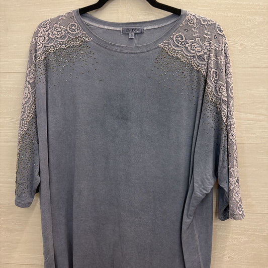 Profile Apparel Grey Embellished Lace Short Sleeve Top Small
