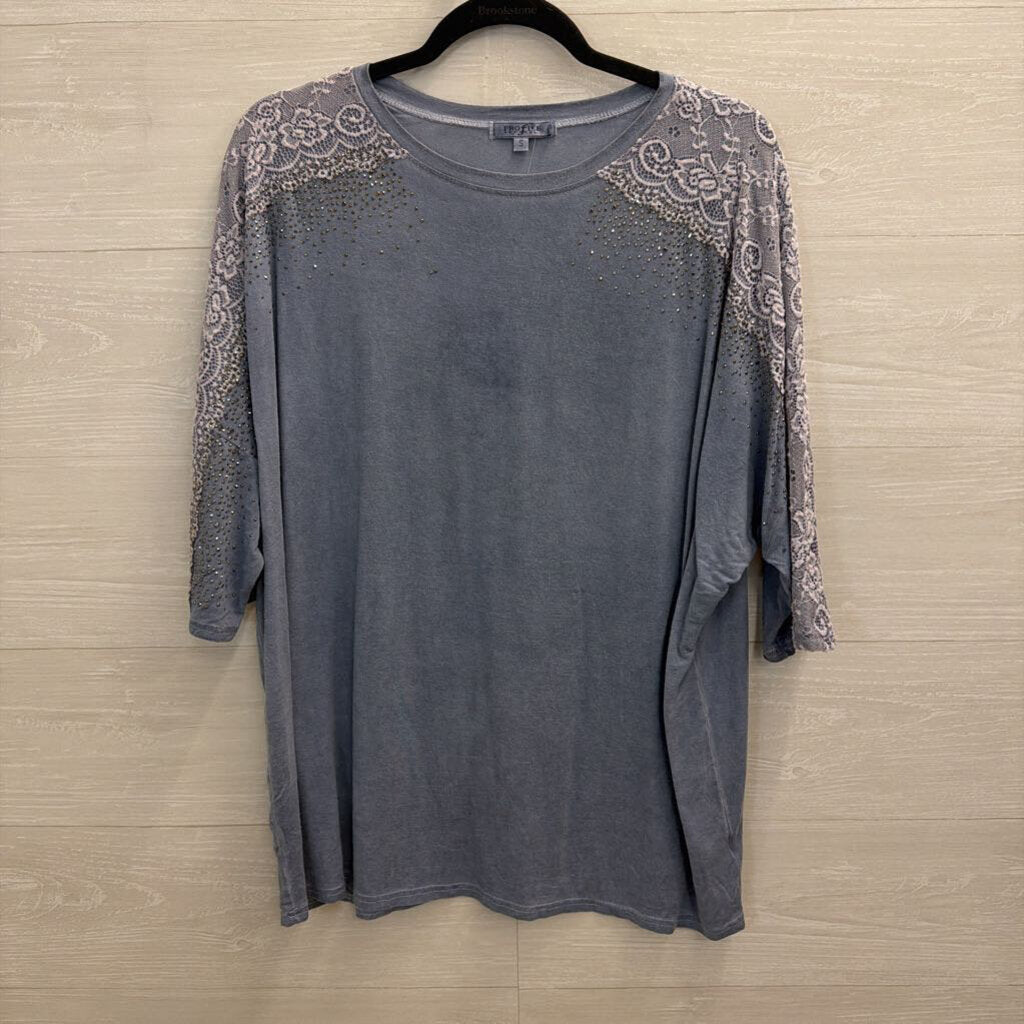Profile Apparel Grey Embellished Lace Short Sleeve Top Small