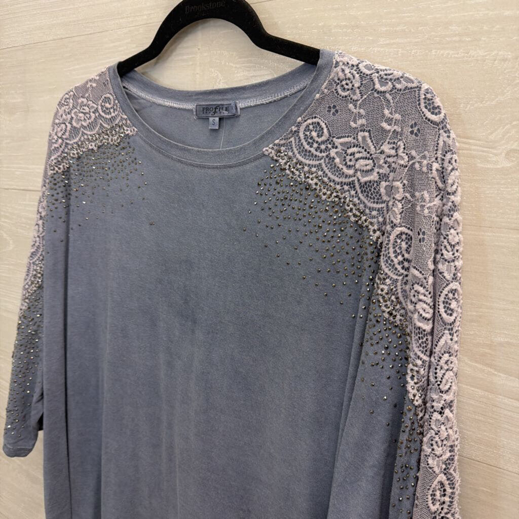 Profile Apparel Grey Embellished Lace Short Sleeve Top Small