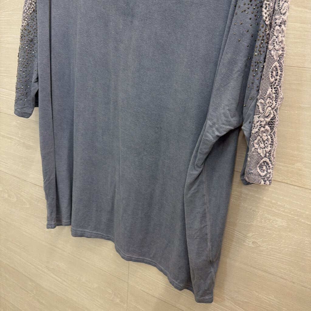 Profile Apparel Grey Embellished Lace Short Sleeve Top Small