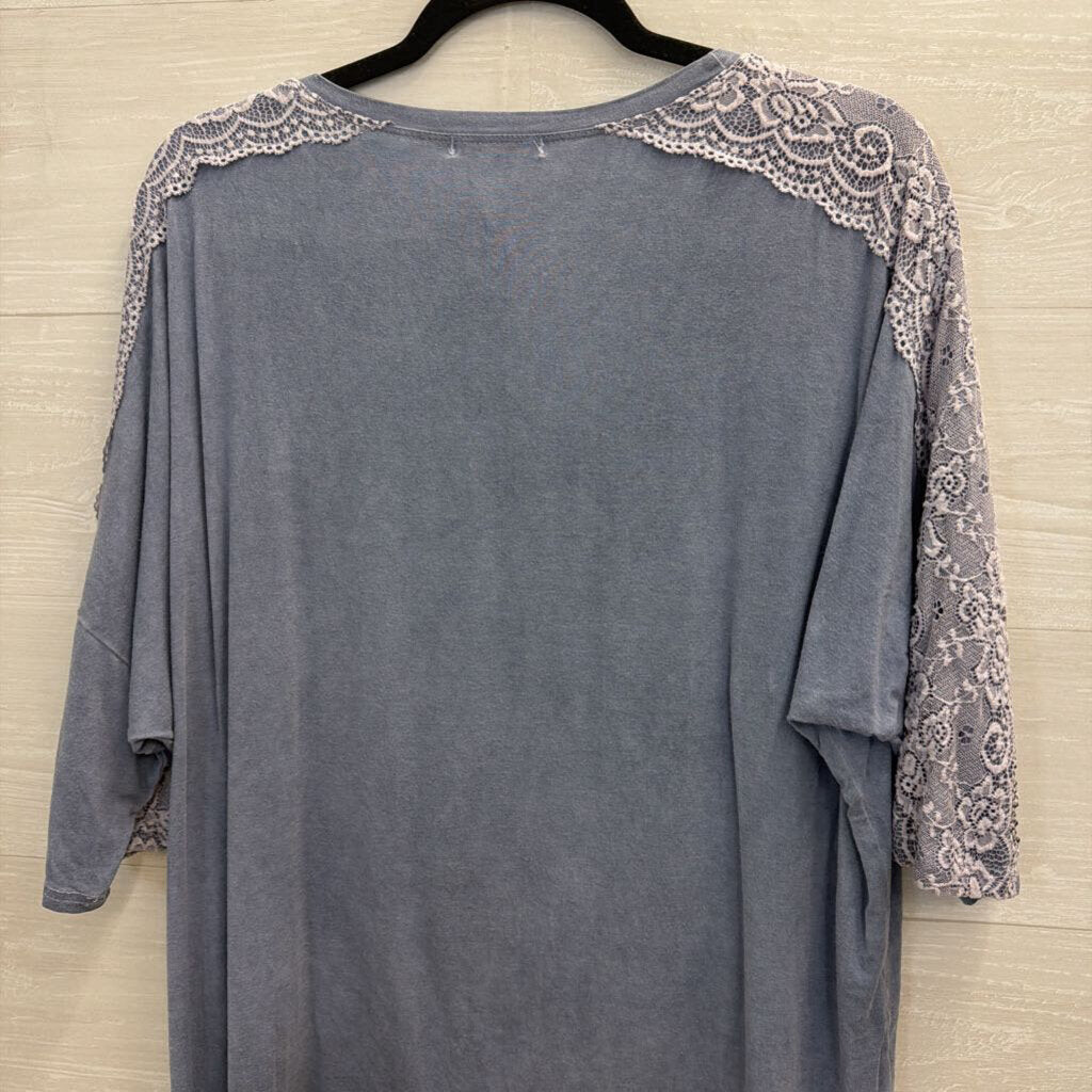 Profile Apparel Grey Embellished Lace Short Sleeve Top Small