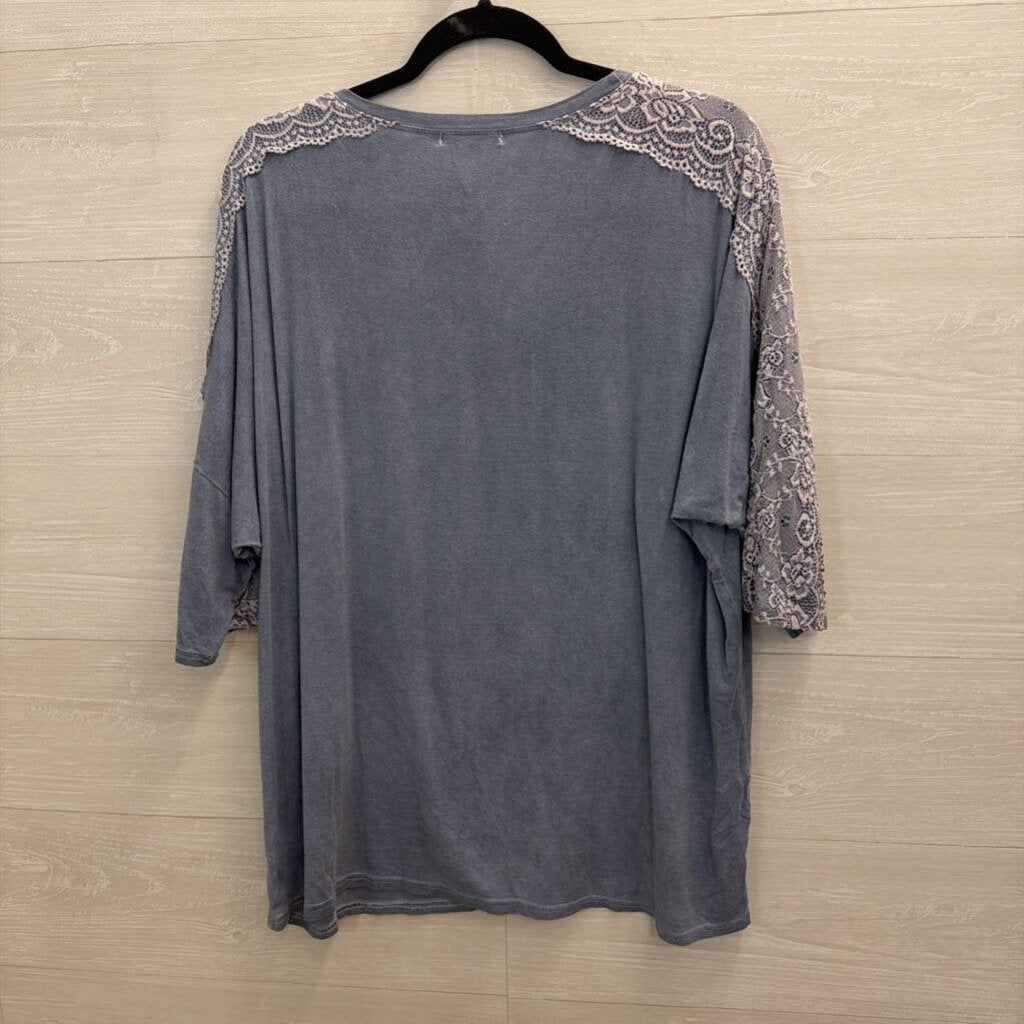 Profile Apparel Grey Embellished Lace Short Sleeve Top Small