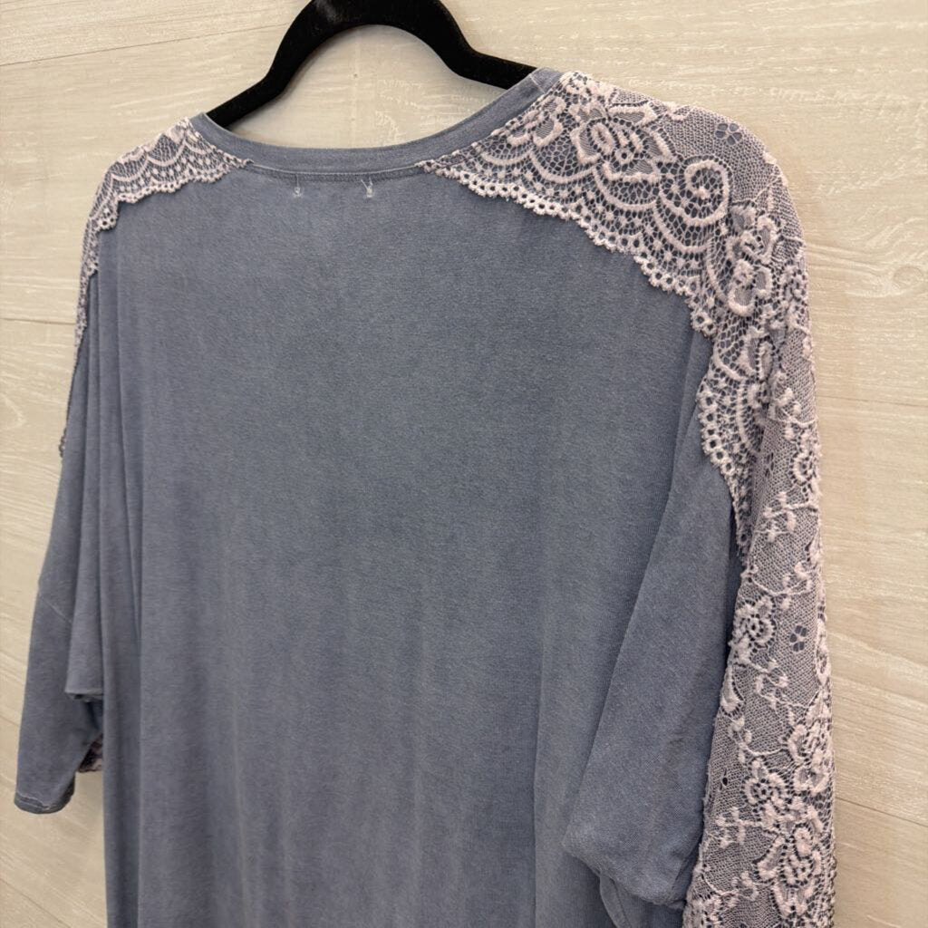 Profile Apparel Grey Embellished Lace Short Sleeve Top Small