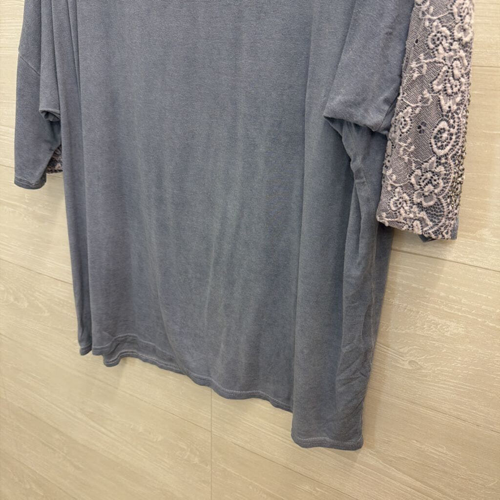 Profile Apparel Grey Embellished Lace Short Sleeve Top Small