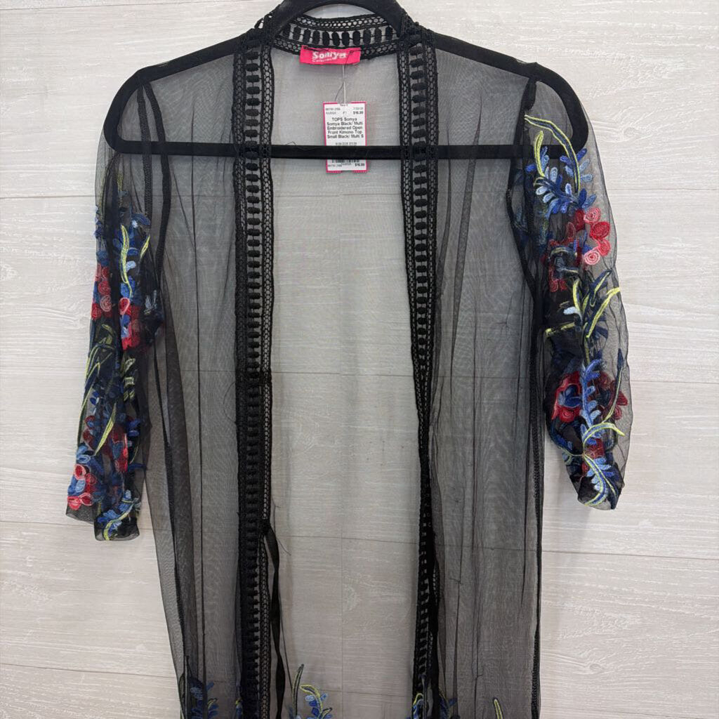 Somya Black/ Multi Embroidered Open Front Kimono Top Small
