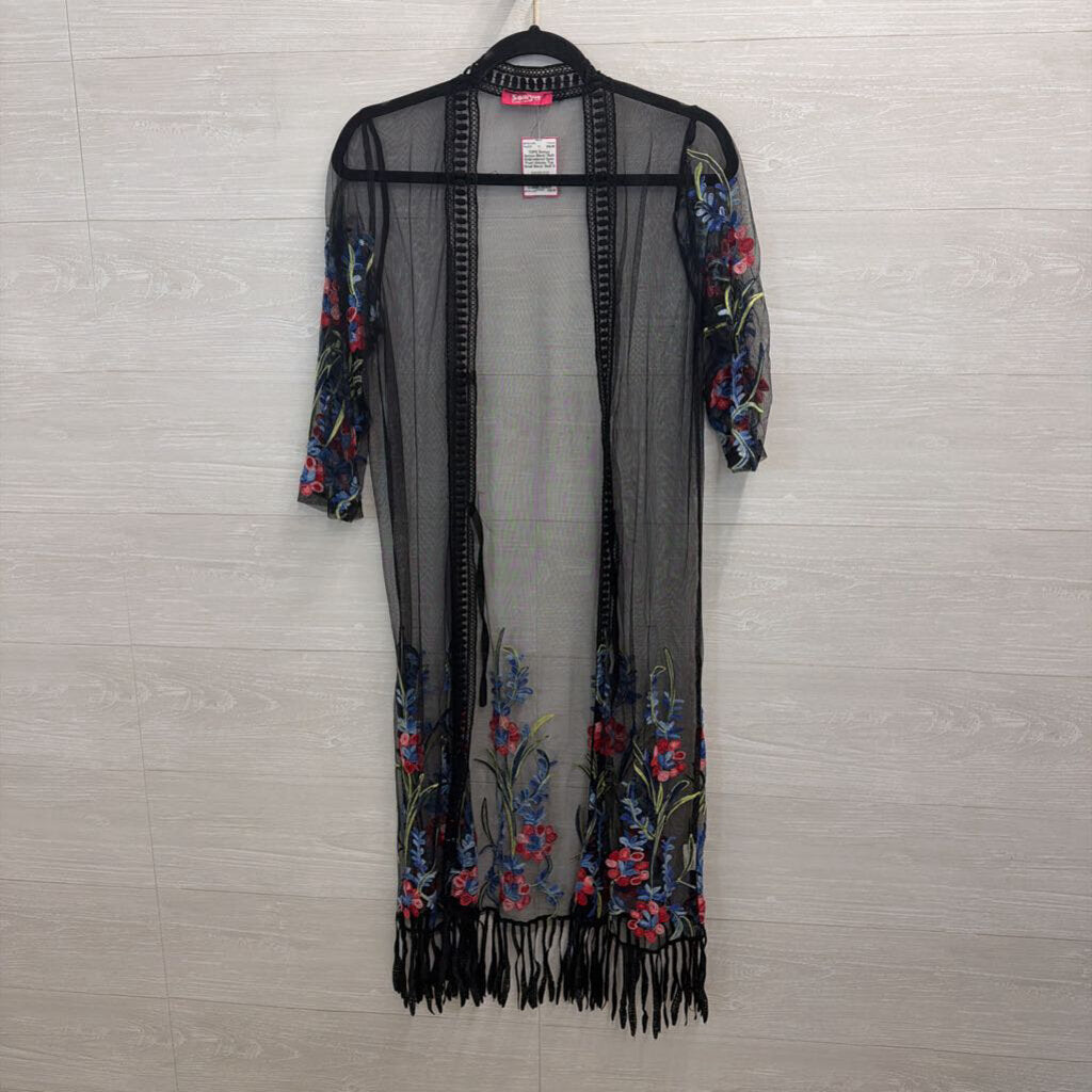 Somya Black/ Multi Embroidered Open Front Kimono Top Small