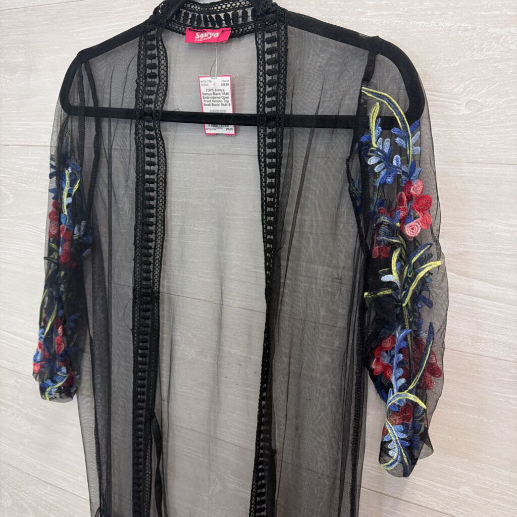Somya Black/ Multi Embroidered Open Front Kimono Top Small