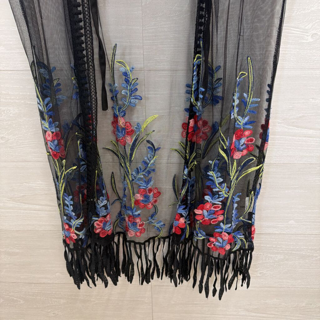 Somya Black/ Multi Embroidered Open Front Kimono Top Small