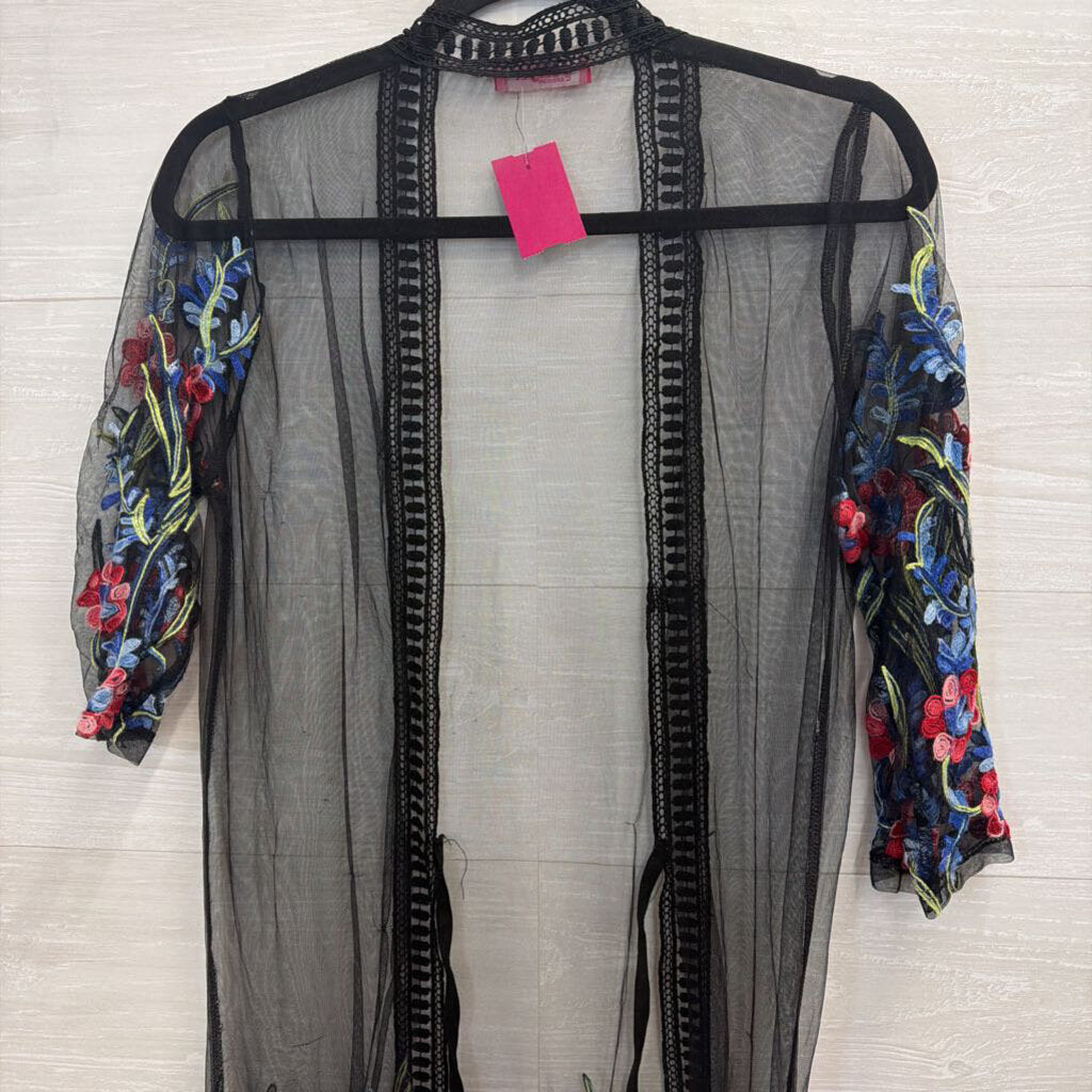 Somya Black/ Multi Embroidered Open Front Kimono Top Small