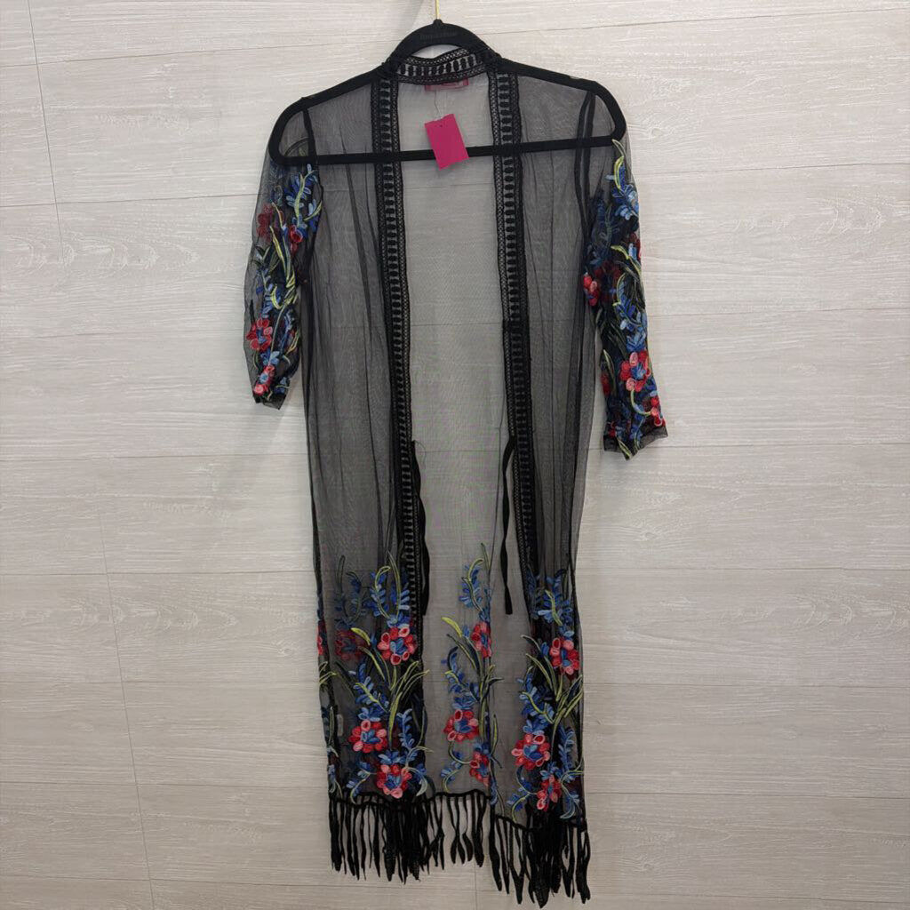 Somya Black/ Multi Embroidered Open Front Kimono Top Small