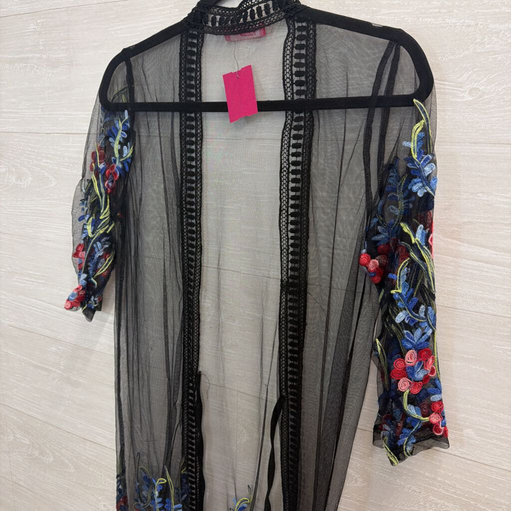 Somya Black/ Multi Embroidered Open Front Kimono Top Small