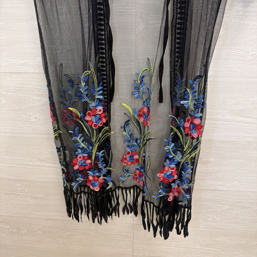 Somya Black/ Multi Embroidered Open Front Kimono Top Small