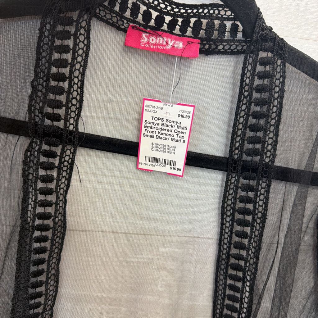 Somya Black/ Multi Embroidered Open Front Kimono Top Small