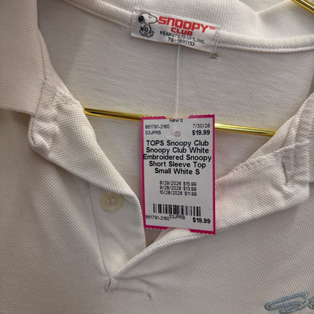 Snoopy Club White Embroidered Snoopy Short Sleeve Top Small