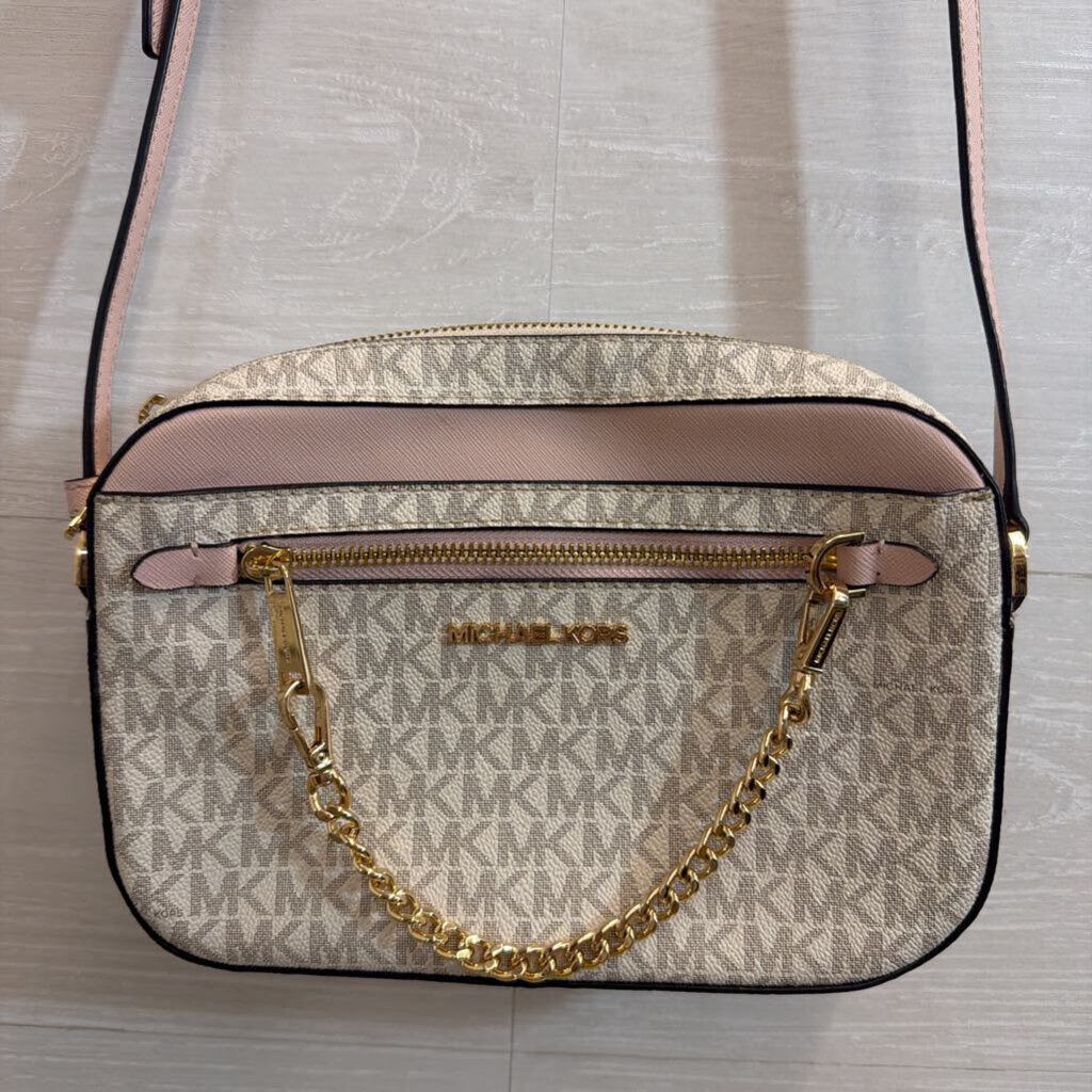 Michael Kors White/ Pink Signature Logo Jet Set Crossbody Purse