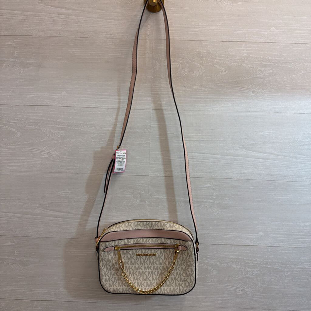 Michael Kors White/ Pink Signature Logo Jet Set Crossbody Purse
