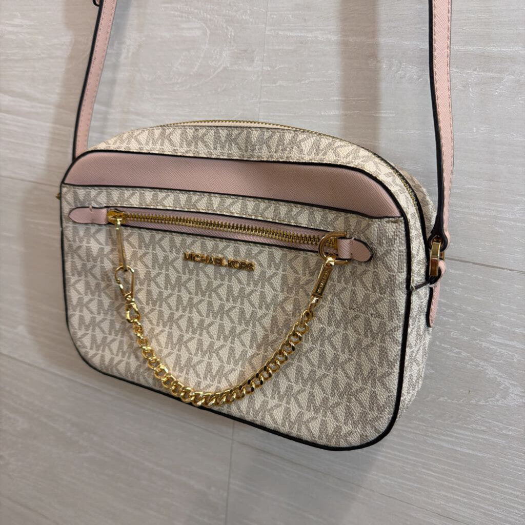 Michael Kors White/ Pink Signature Logo Jet Set Crossbody Purse